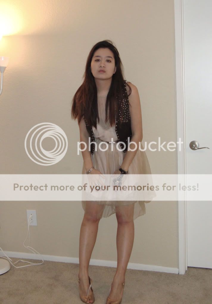 AlphaBetaChic, Rodarte for Target lace slip dress, Forever 21 studded vest, Nine West Gold shoes, Pirate bracelet